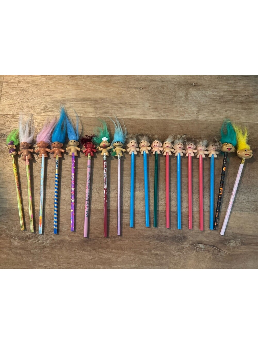Lot of 19 Vintage Troll Doll Pencil Toppers with Assorted Pencils 1980s 90s